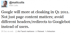 Tweet von Matt Cutts zu Anti-Cloaking