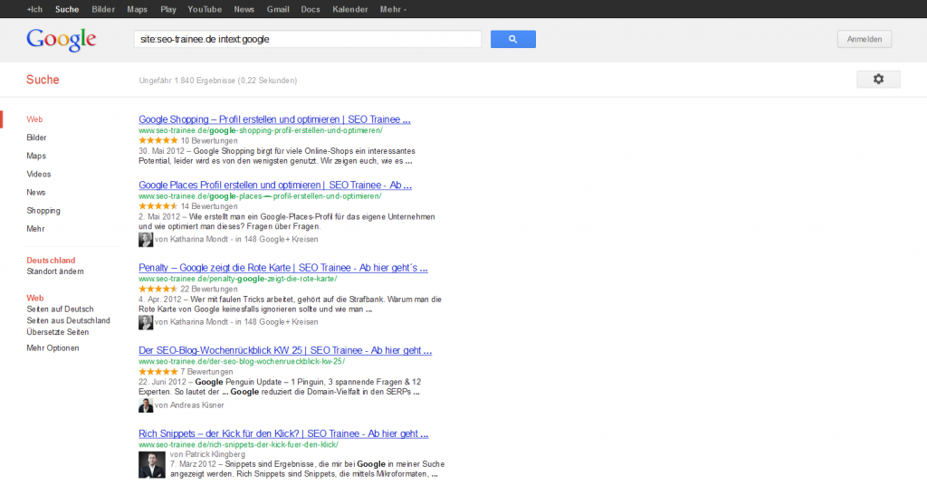 Google Suchergebnisse Seo Trainee Intext Google