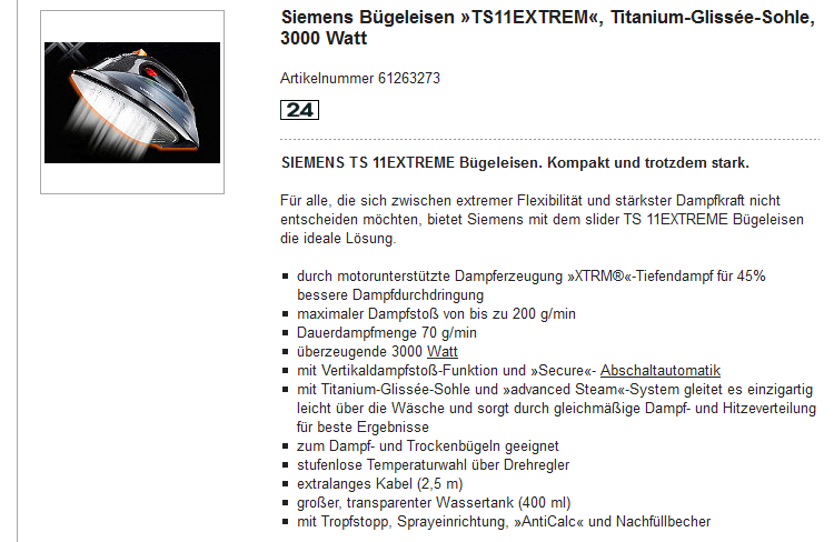 Informative Produktseite zu einem Siemens Bügeleisen