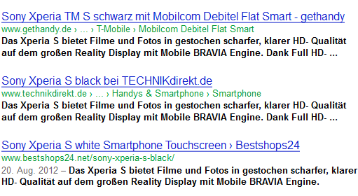 DC Produktbeschreibung: SERPs mit drei Shops, die dieselbe Produktbeschreibung verwenden