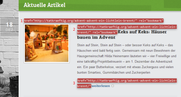 Interne Verlinkung der Blog-Artikel. Die drei Links sind rot untermalt und nummeriert.