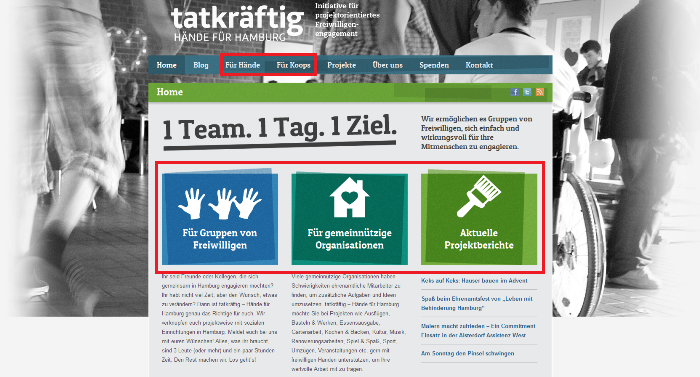 Startseite tatkraeftig.org mit großen farbigen Buttons und Navigationsleiste