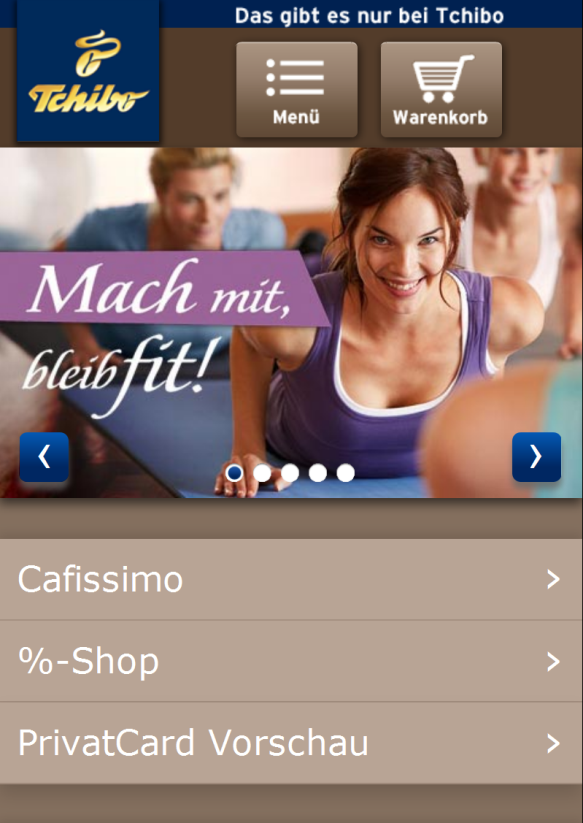 Startseite Tchibo mobile: große Buttons für Menü und Einkaufswagen, übersichtliche Navigation mit großen Schaltflächen
