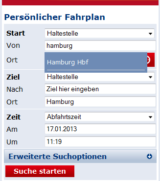 Vorschlag bei Eingabe: Eingetippt wurde Hamburg und automatisch wird dem User Hamburg Hbf vorgeschlagen