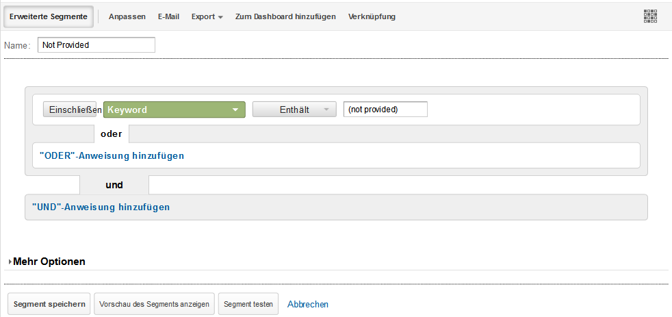 Benutzerdefiniertes Segment (not provided) Google Analytics