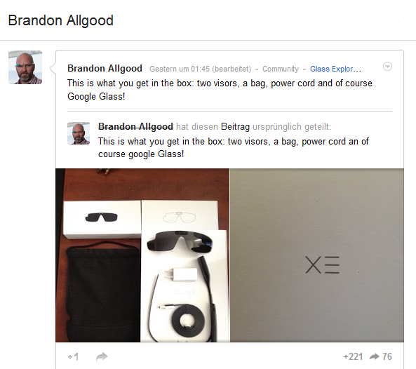 Unboxing Google Glass: Karton, Google Glass, verdunkelter Aufsatz (Sonnenbrille), Ladekabel