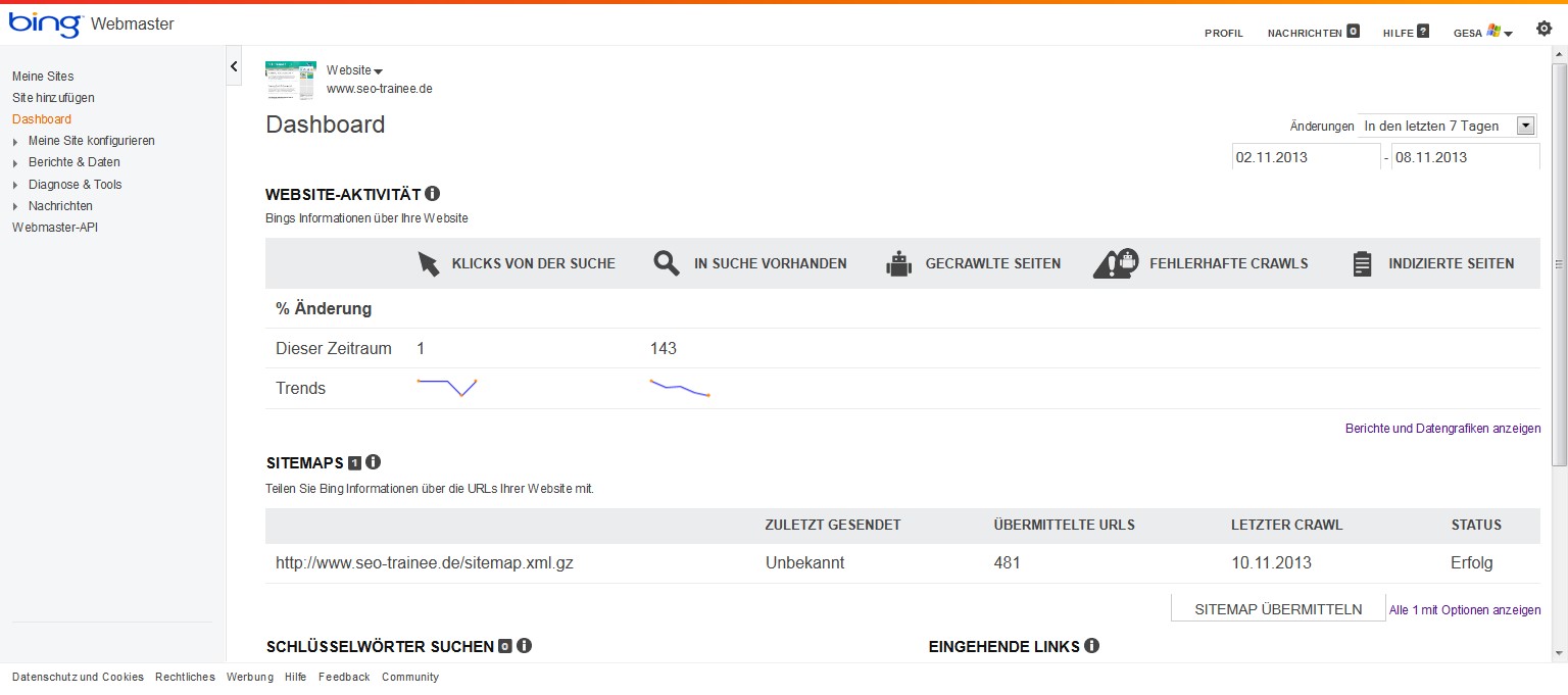Dashboard der Bing Webmaster Tools