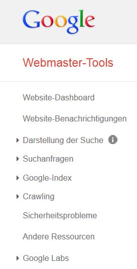 Google Webmaster Tools Menü