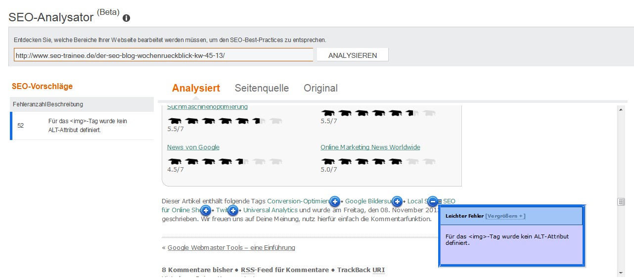 Der SEO-Analysator der Bing Webmaster Tools