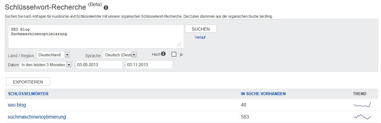 Schlüsselwort-Recherche-Tool der Bing Webmaster Tools