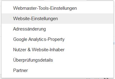 Einstellungs-Menü Google Webmaster Tools