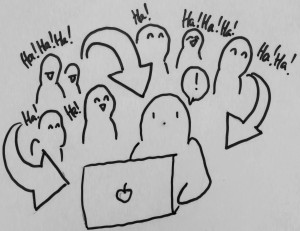 comic figur sitzt vor laptop und figuren im hintergrund sind amüsiert. pfeile verdeutlichen, dass diese reaktion mit aufgenommen wird.