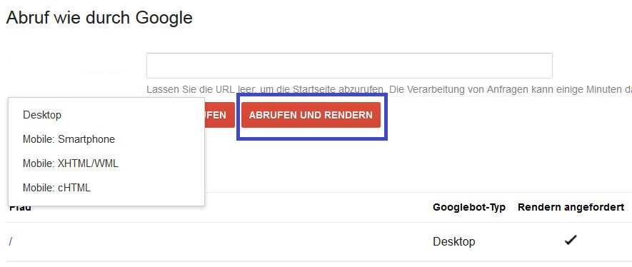 Screenshot: Abruf wie durch Google in den Webmaster Tools