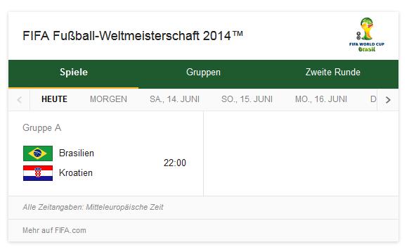 One Box der FIFA zur Fußball WM 2014 in den SERPs
