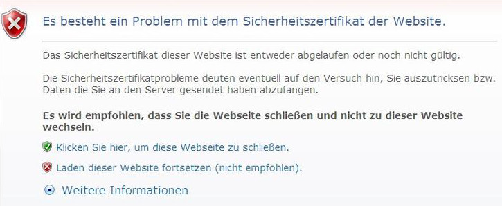 Browserwarnung für ein ungültiges Sicherheitszertifikat