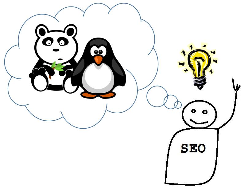 SEO mit Gedankenblase mit Panda und Pinguin