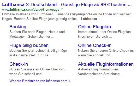 Darstellung der Sitelinks in einem Snippet