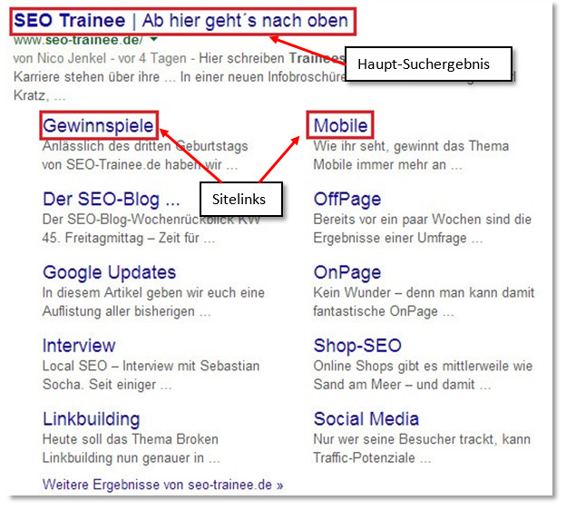 Darstellung der Sitelinks für seo-trainee.de