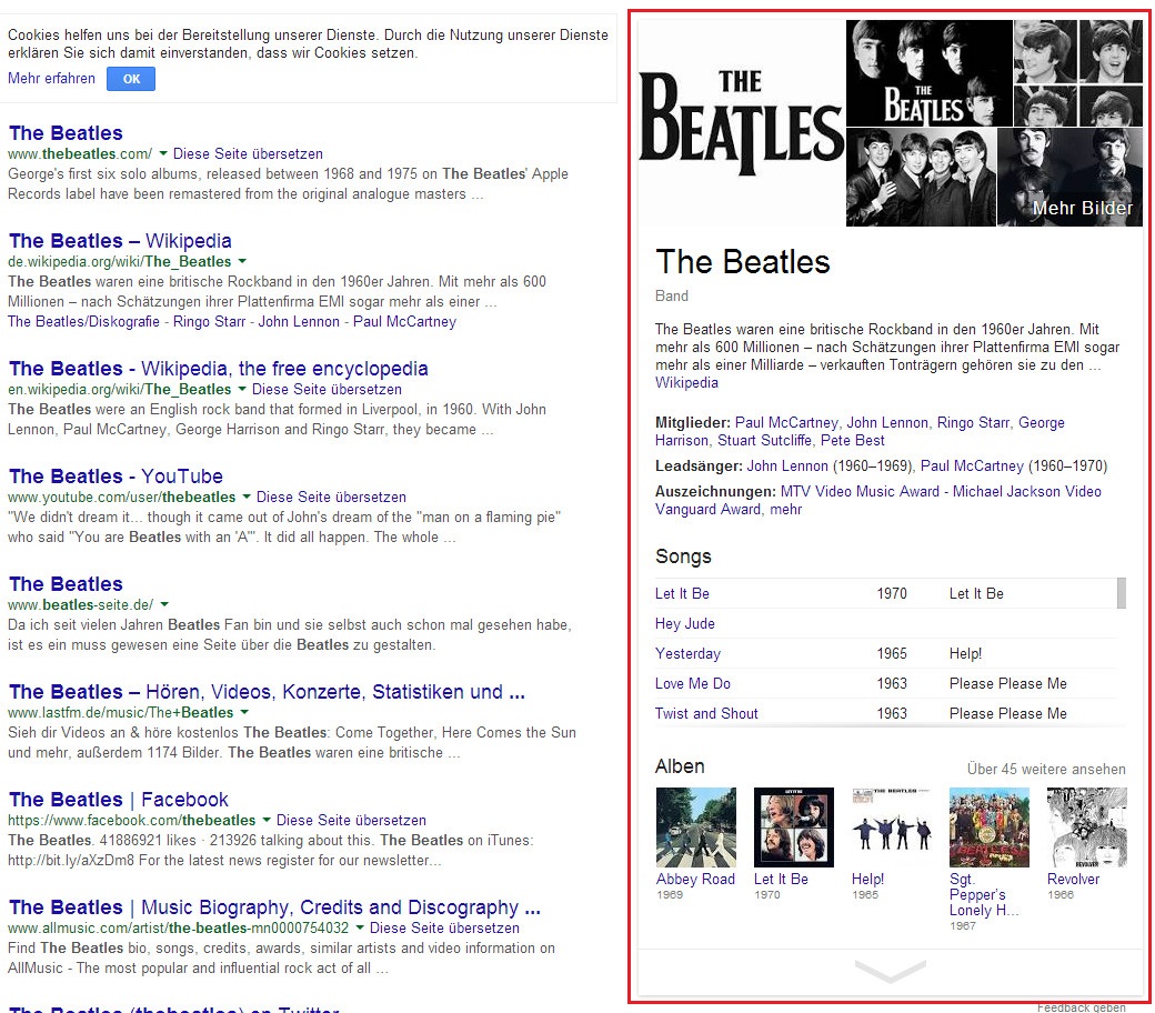 Darstellung des Knowledge Graph für die Suchanfrage "the beatles"