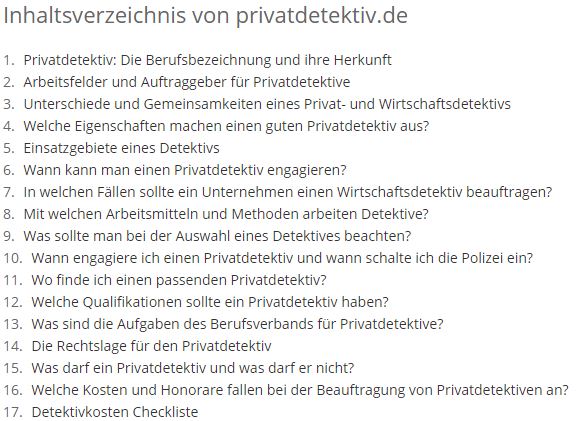 Inhaltsverzeichnis Privatdetektiv