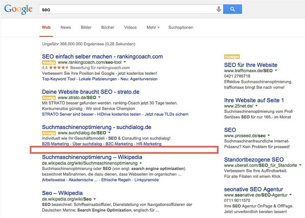 SERPs neues Layout ohne Trennung