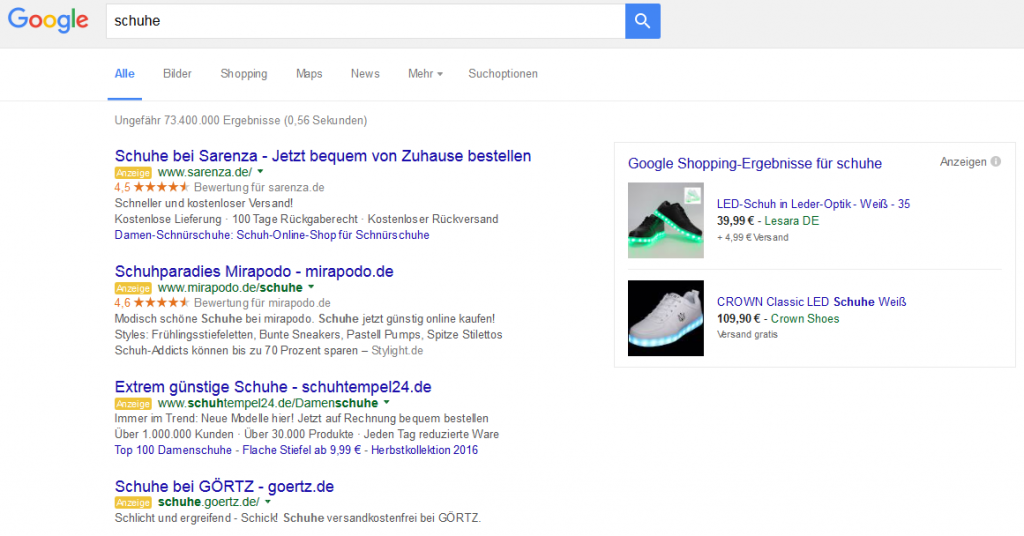 Google-Anzeigen zur Suchanfrage "Schuhe"