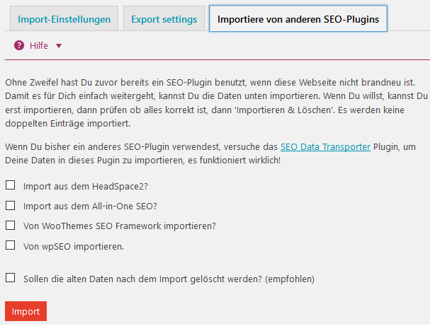 Settings von WordPress SEO Plugins importieren