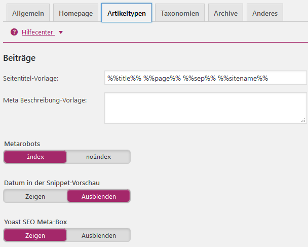 Yoast SEO Einstellungen für Artikeltypen