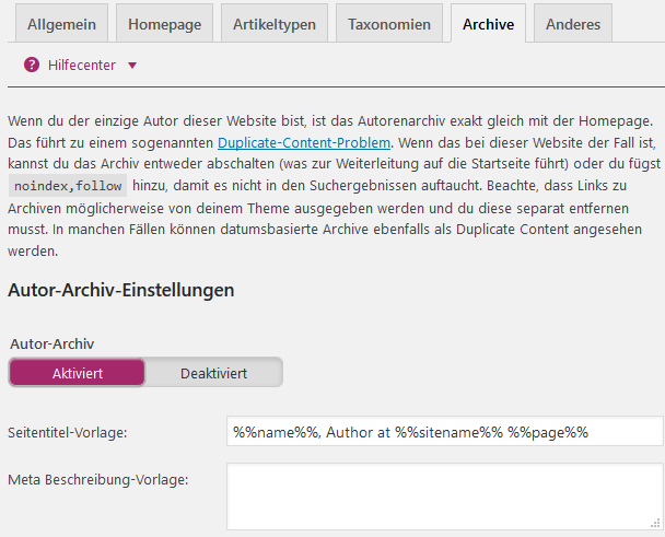 Einstellungen für das Autorenarchiv