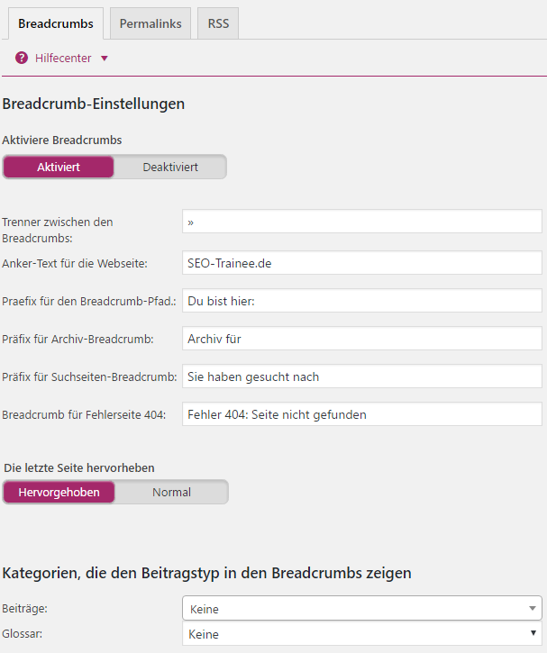 Breadcrumb-Einstellungen