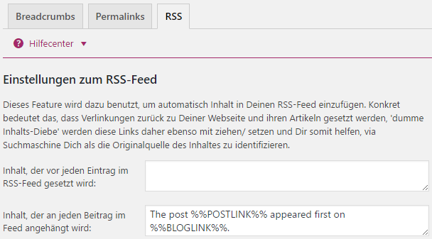 Einstellungen zum RSS-Feed