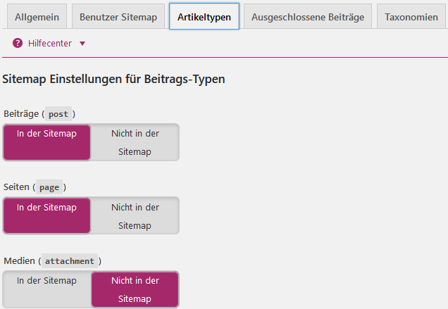 Sitemap-Einstellungen für Beitrags-Typen