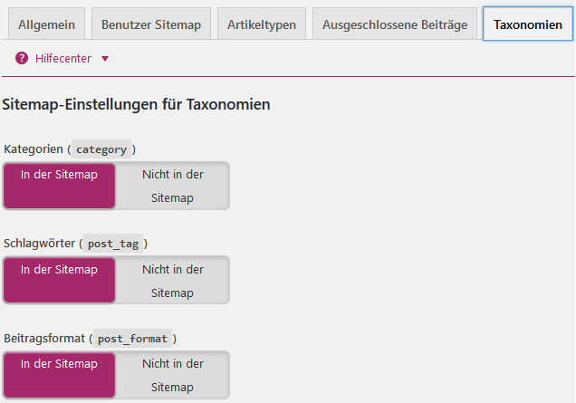 Sitemap-Einstellungen für Taxonomien