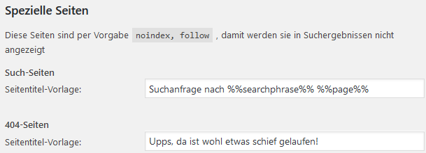 Einstellungen für spezielle Seiten