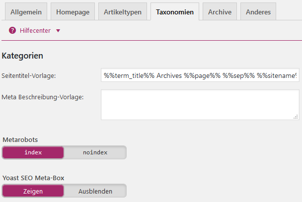 Yoast SEO Einstellungen für Taxonomien