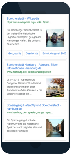 Screenshot von Thumbnails der Speicherstadt in der mobilen Suche