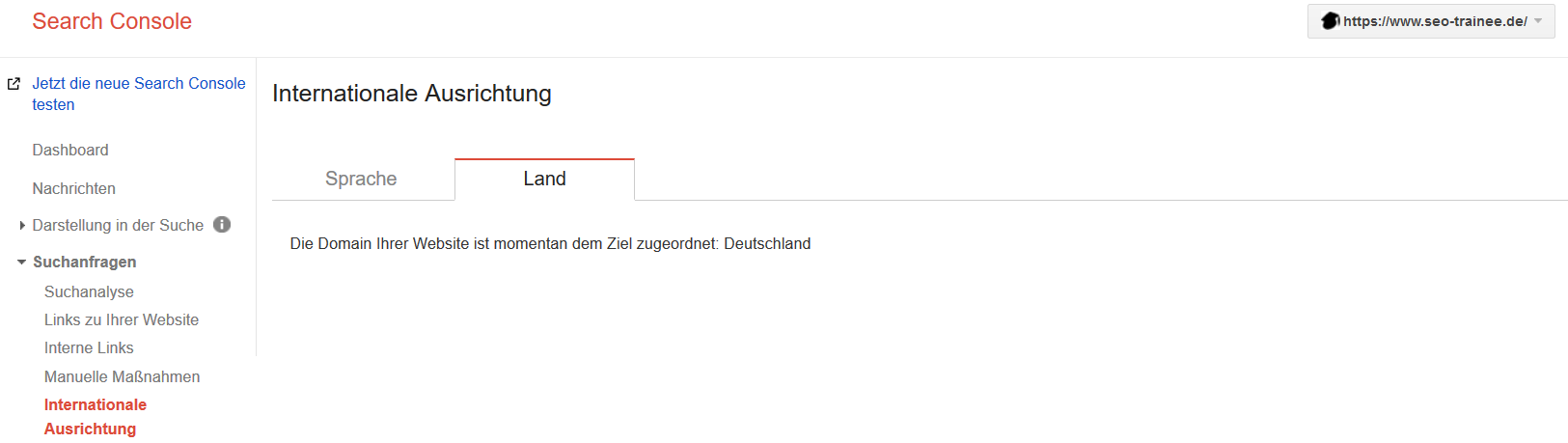 Screenshot von der internationalen Ausrichtung in der Google Search Console