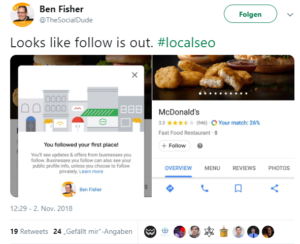 Screenshot von Twitter, Ben Fisher über den Follow Button bei Google Maps.