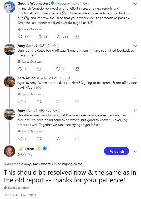 Screenshot einer Unterhaltung auf Twitter. John Müller bestätigt, dass die Berichte der alten und der neuen Search Console jetzt wieder zeitlich gleich laufen sollten.