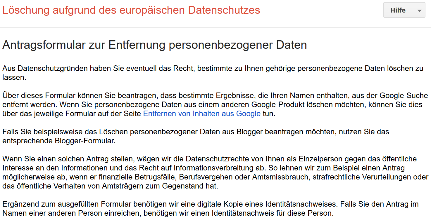 Informationen zum Antragsformular zur Entfernung personenbezogener Daten aus Google