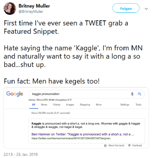 Tweet von Britney Muller (MOZ) über Tweets in Featured Snippets