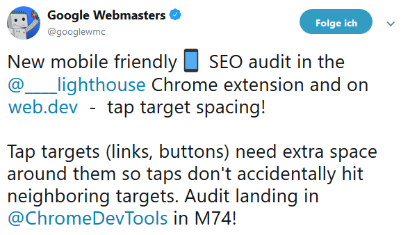 Information von Google über die Neuerung in Lighthouse auf Twitter