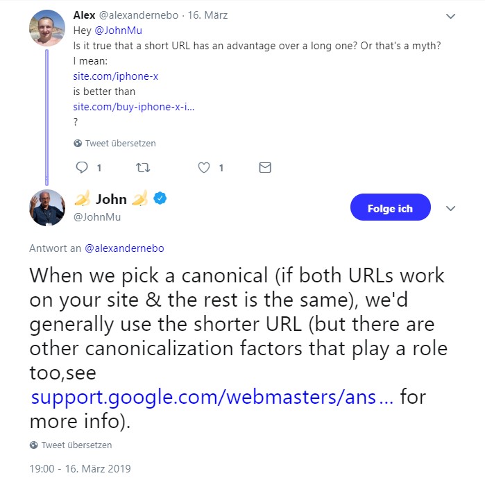 Ein Kriterium bei Auswahl von Canonical URLs von Google ist die URL-Länge. Kürzere URLs werden bevorzugt.