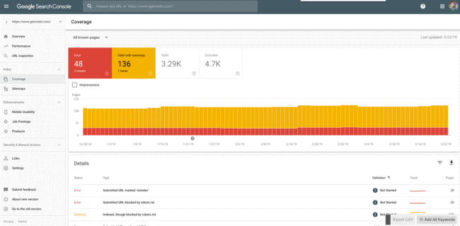 Informationen im Bereich Abdeckung in der Google Search Console