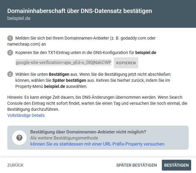 Bestätigungsverfahren für die Domain Property bei der Google Search Console