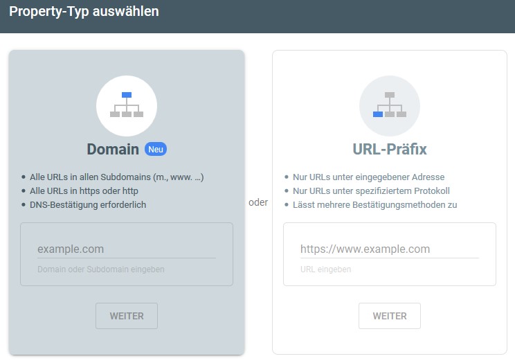 Zwischen Domain und URL-Präfix könnt Ihr Euch bei der Einrichtung der Google Search Console entscheiden.