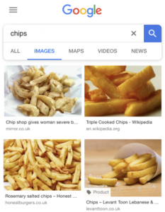 Suchergebnisse für den Begriff "chips" im Vereinigten Königreich. Auf den Bildern sind Pommes zu sehen.