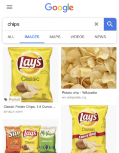 Suchergebnisse für den Begriff "chips" in den USA. Auf den Bildern sind Chipstüten zu sehen.