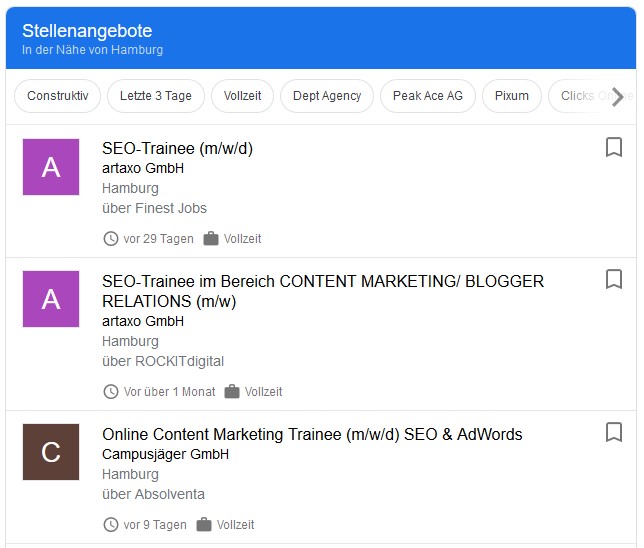 Dies sind die aktuellen Google-Jobs-Anzeigen, die erscheinen, wenn man "SEO Trainee" eingibt.