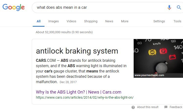 Die e-Commerce Seite cars.com erscheint für die Suchanfrage "what does abs mean in a car" auf Position 0.
